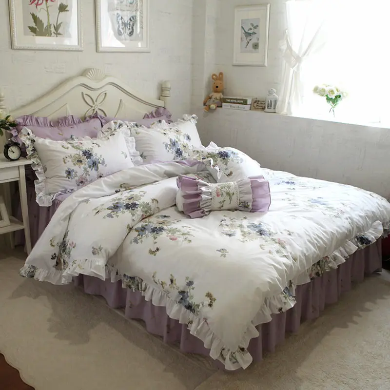 New Purple Print Bedding Set Elegant Flower Ruffle Duvet Cover