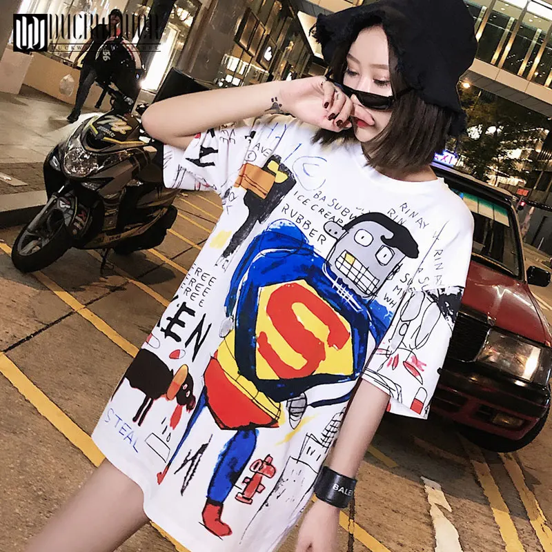 

Women Mid-length Loose T-shirt Woman Cartoon Print Short Sleeve O Neck Cotton Spandex Women Top Tee Soft Women Tshirt