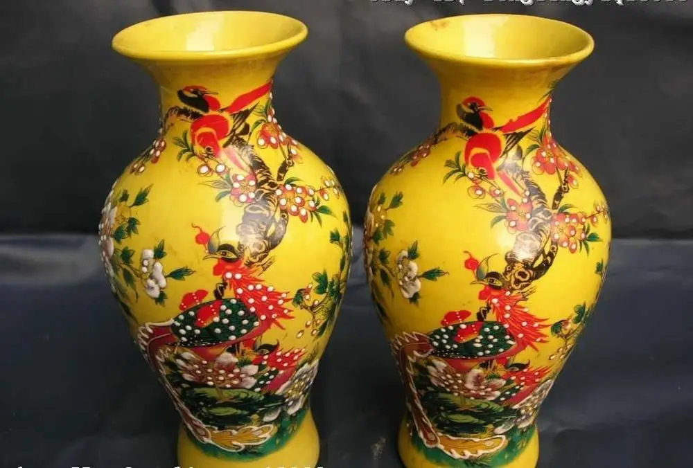 

12"Chinese Folk WuCai Porcelain Fengshui Phoenix Bird & chrysanthemum Vase Pair