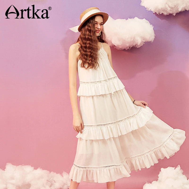 

ARTKA 2018 Summer New Female Solid Hollow Lace Ruffled Big Swing Strap Long Dress LA11682X