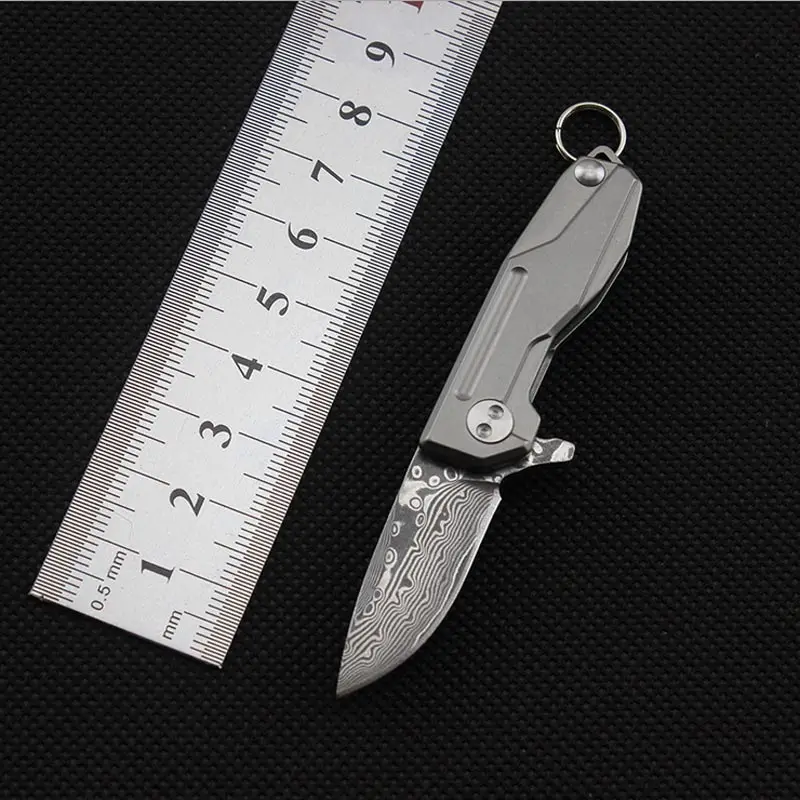 

58-60HRC High Quality EDC key chain knife Damascus blade Titanium alloy handle Mini pocket folding knife camping utility tool