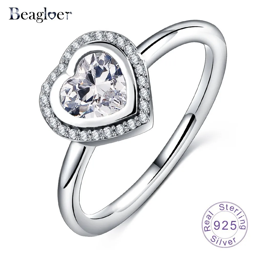 Beagloer 925 пробы сверкающий Серебряный Любовь кольцо ясно CZ Сердце Форма День
