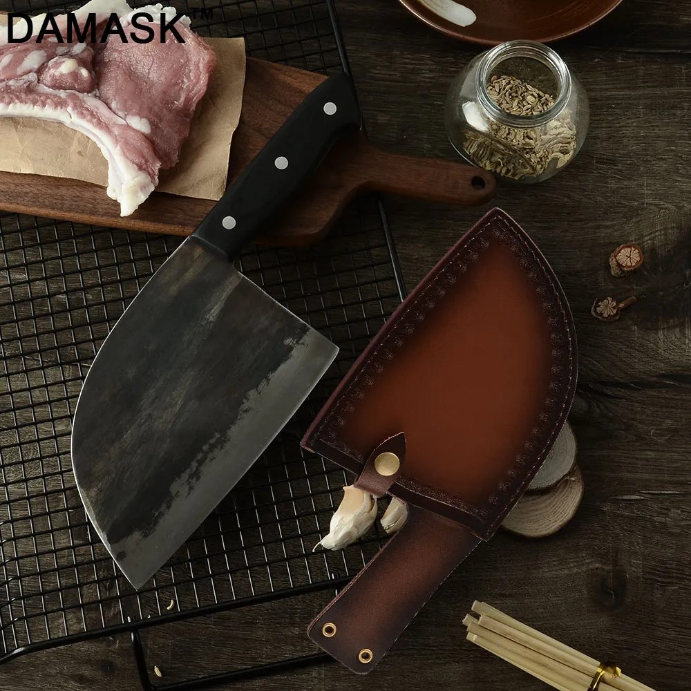 

DAMASK Real Handmade Butcher Knife Forged High Carbon Clad Steel Cleaver Sharp Slicing Knives Full Tang Blade With Sheath