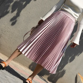 

2018 Autumn Winter Skirt Women Metal Color Pleated Tutu Skirt Vintage Elastic Hight Waist Skirts Female Long Skirts Faldas Saia
