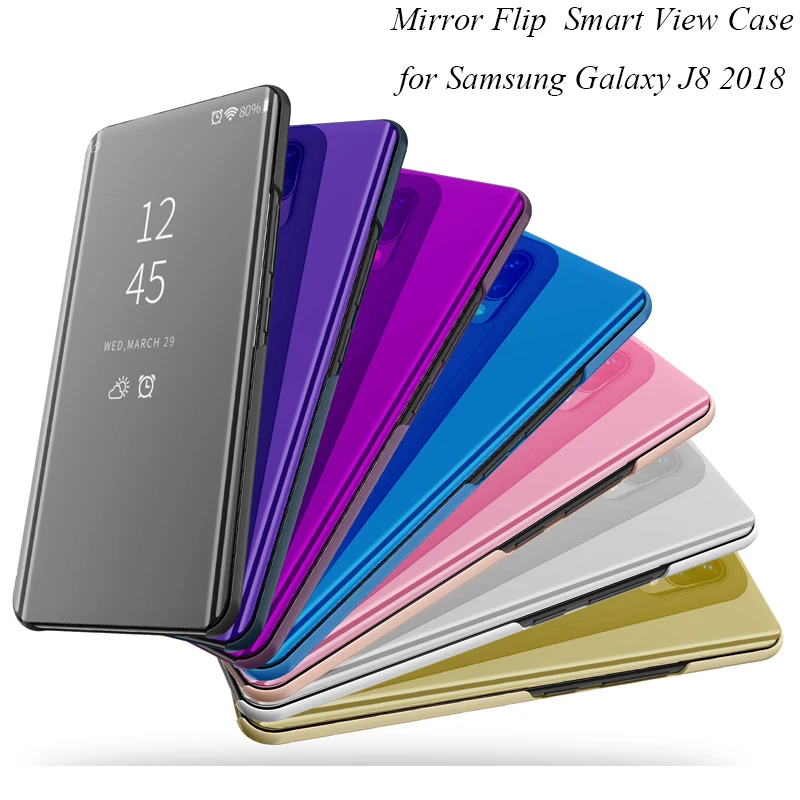 

Mirror Flip Case For Samsung Galaxy J8 2018 Luxury Clear View PU Leather Cover For Samsung Galaxy J8 2018 Smart phone Case