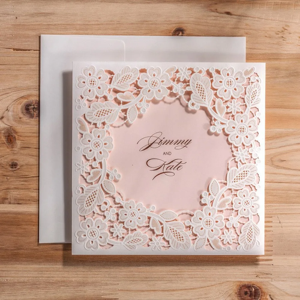 WISHMADE лазерная резка, для свадьбы Пригласительные открытки белый квадрат элегантные Полые Цветы для помолвки день рождения