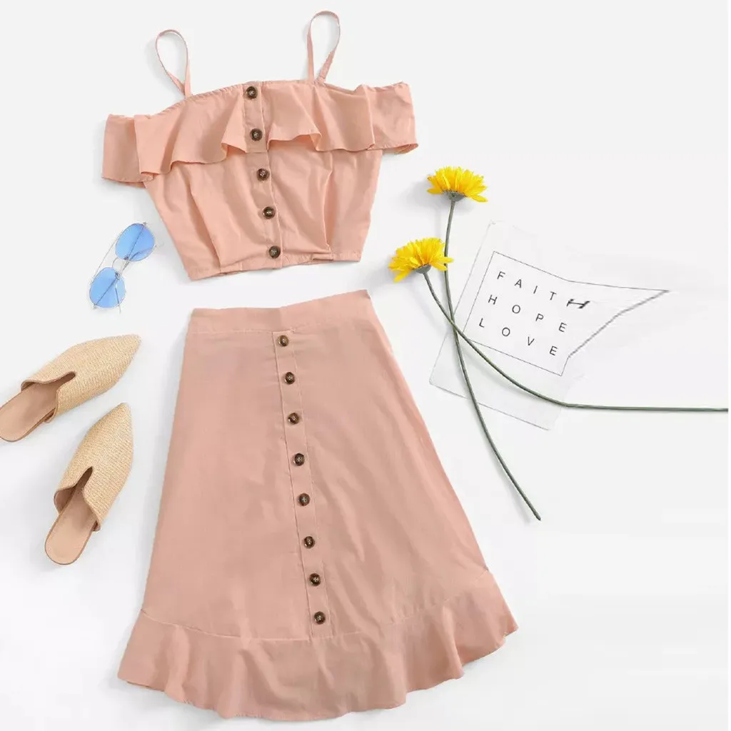 

Two Piece Set Women Sets Sexy Sleeveless Solid Suspender Short Top Mini Skirt Button 2019 New Women Outfit Female Suit May23 P35