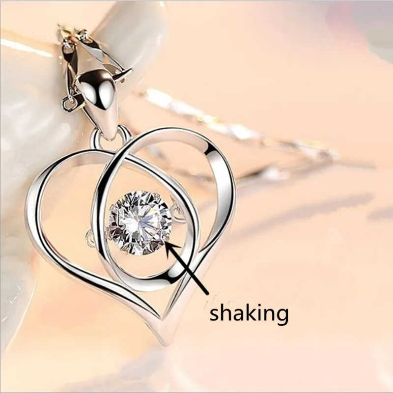 

TJP New Fashion Women Silver 925 Clavicle Necklace Jewelry Trendy Shaking Crystal Heart Pendant Necklace For Women Accessories
