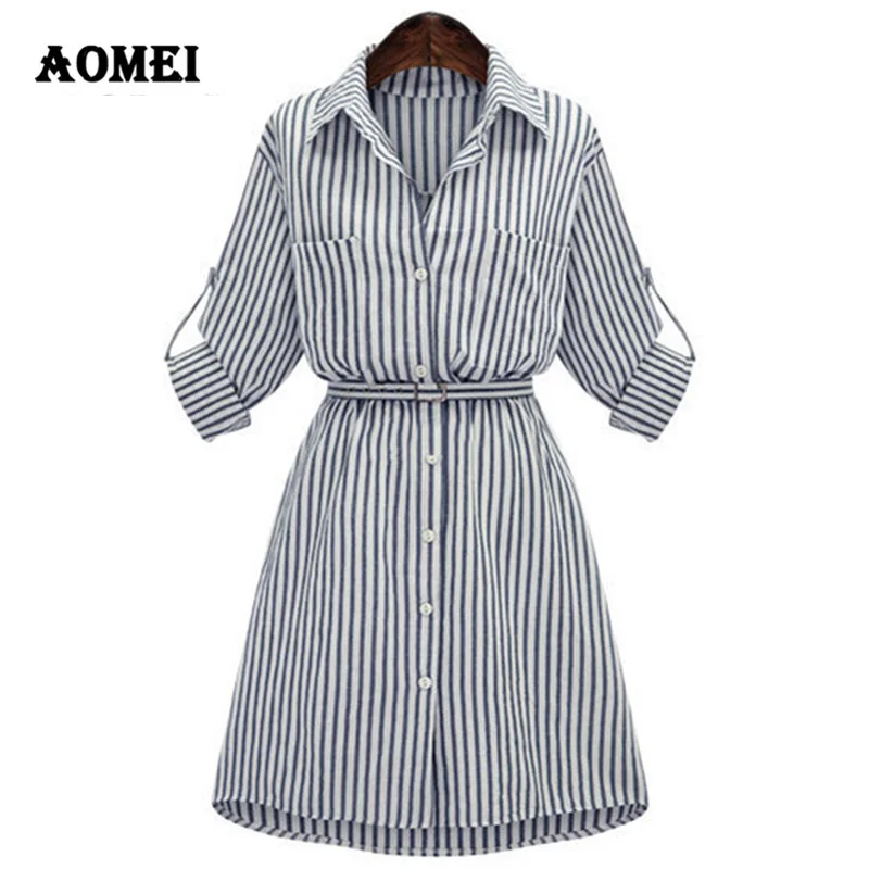 

2019 Women Long Sleeve Dress With Belt High Waist Striped Elegant Mini Shirts Spring Spring Casual Dresses Plus Size 4XL 5XL