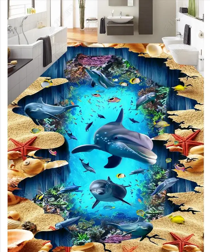 

Custom photo wallpaper Waterproof floor painting Undersea deep hole dolphin 3D floor self-adhesion mural Wall Sticke home decor