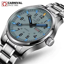 Carnival Dress Business Men Watch Blue Green Tritium Luminous Quartz Wristwatch Full Steel Waterproof Mens Watches reloj hombre