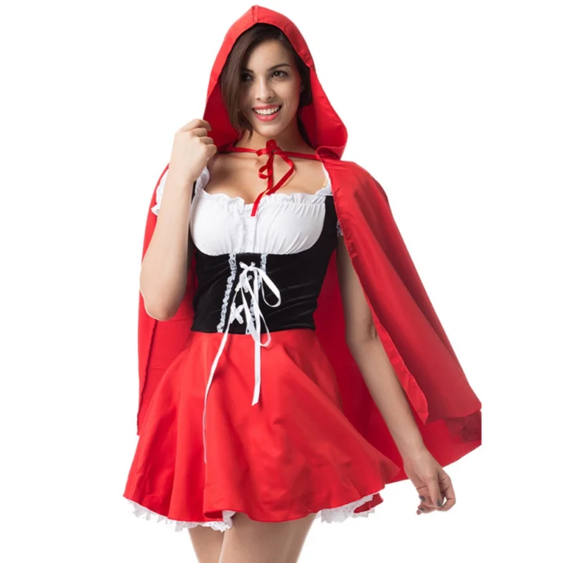 

2018 Halloween Costumes Little Red Riding Hood Stage Show Role Play Cosplay Maid Dress with Cloak