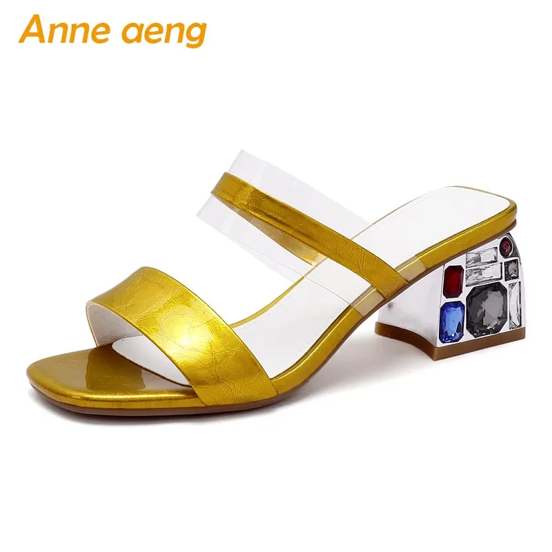 

2019 New Summer Genuine Leather Outside Women Slippers High Square Heel Crystal Fashion Women Shoes Yellow Female Mules Slides