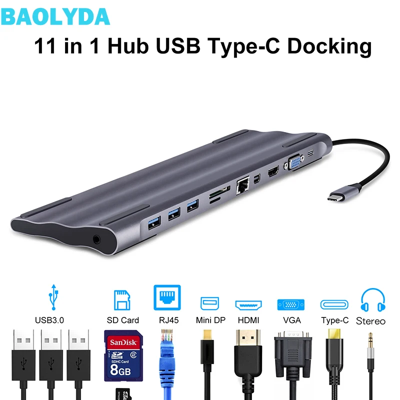 Puerto de USB-C Baolyda adaptador de rayo 3 Hub tipo C 11in1 con HDMI RJ45 VGA USB3.0 cubo todo en
