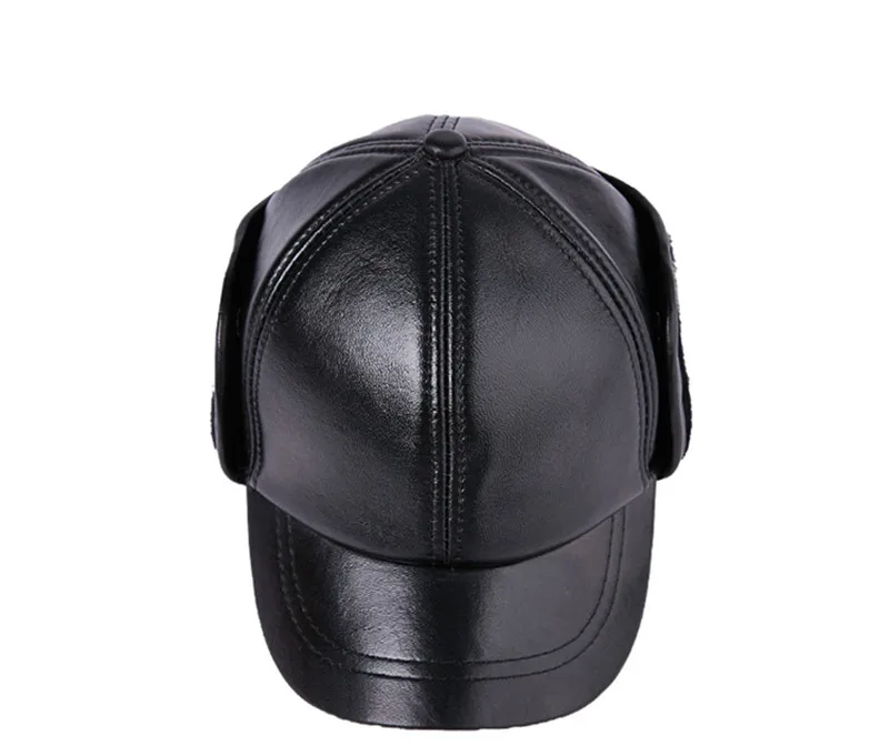 XdanqinX Men's Winter Warm Earmuffs Cap Genuine Leather Hat Plush Thick Sheepskin Baseball Caps Middle-aged Thermal Leather Cap