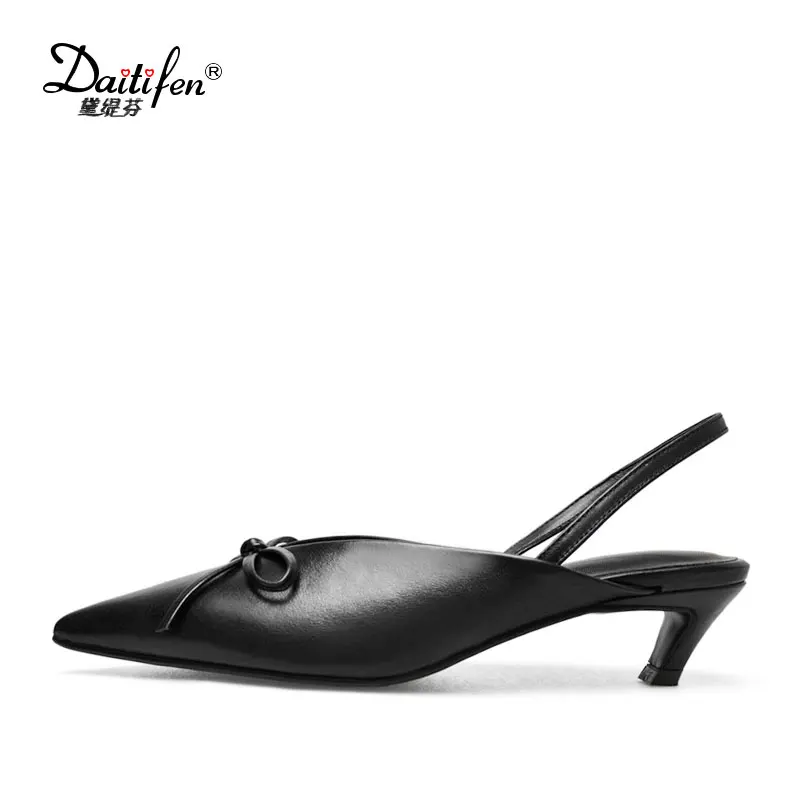 

Daitifen Genuine Leather Women Pumps Slip on Office Lady Thick Heel Solid Pointed Toe Princess Style Slingback Fashion pumps