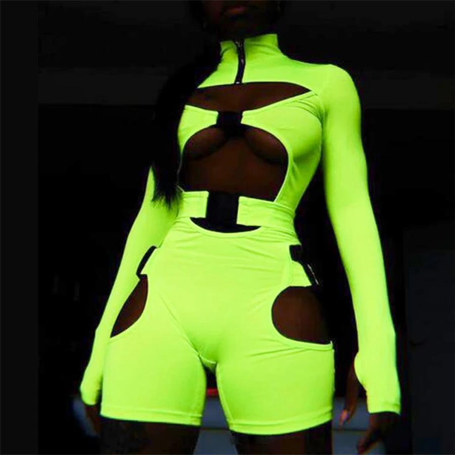 Neon Color Bodysuit and Playsuit Sexy Hollow Out Buckle Biker Playsuit 2019 Spring Long Sleeve Turtleneck Jumpsuit� Neon Color Bodysuit and Playsuit Sexy Hollow Out Buckle Biker Playsuit 2019 Spring Long Sleeve Turtleneck Jumpsuit�
