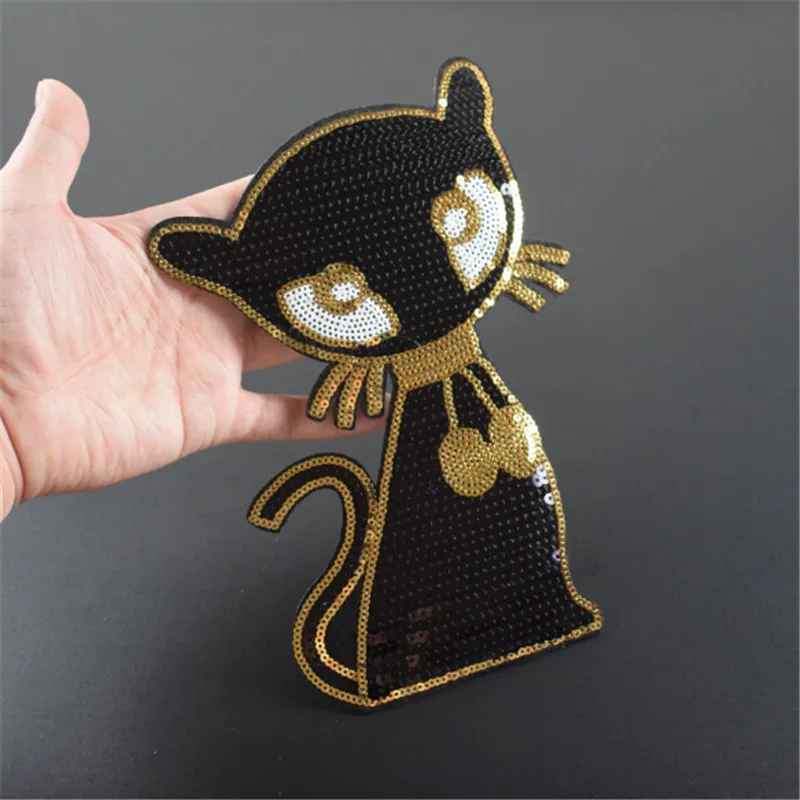 

Clothing Women Shirt Top Diy Animal Patch Cat Black Sequins deal with it T-shirt girls Iron on Patches for clothes Stickers