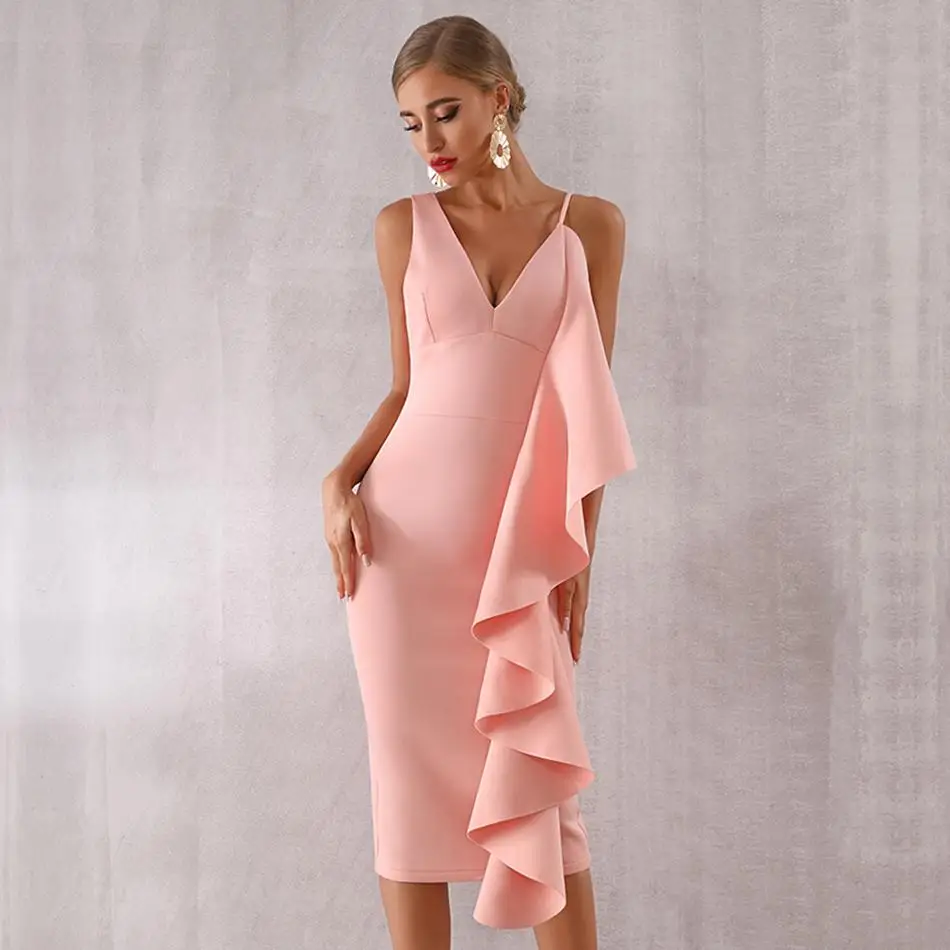 

Newest Celebrity Evening Party Bodycon Dress Women Sleeveless Spaghetti Strap V-Neck Ruffles Sexy NightClub Dress Women Vestidos