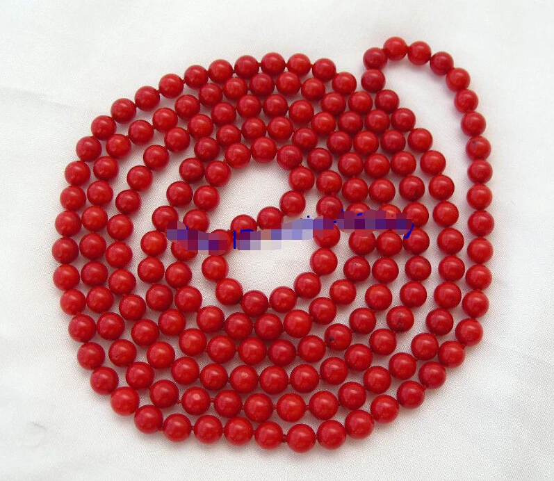 

shippingstunning long 50" 7mm round red natural coral bead necklace d373 (A0325)