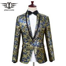 Plyesxale Синий Золотой Для мужчин Цветочный Блейзер костюм куртка бренд Повседневное пиджаки воротником клуб бар певица Пром блейзеры для Для мужчин q287