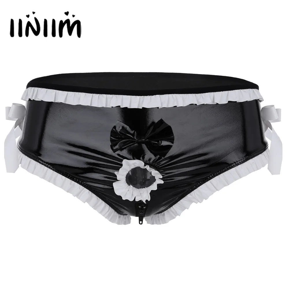 Billig Herren Dessous Glänzenden Homosexuell Loch Vorne Offen Penis Homosexuell Männlichen Ring Rüschen Bowknot Zipper Gabelung Sissy Bikini Slip Unterwäsche