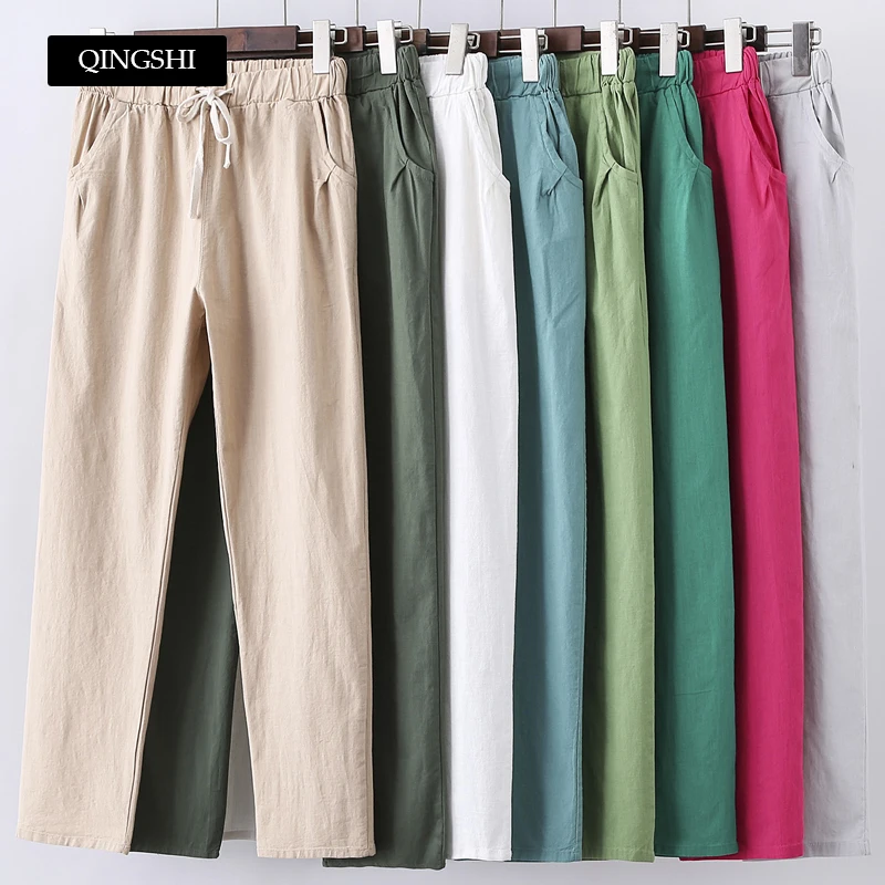 Online 13 colores mujer pantalones nuevos algodón Lino verano Pantalones elásticos cintura alta coreano Capris pantalones Harem ligeros de talla grande
