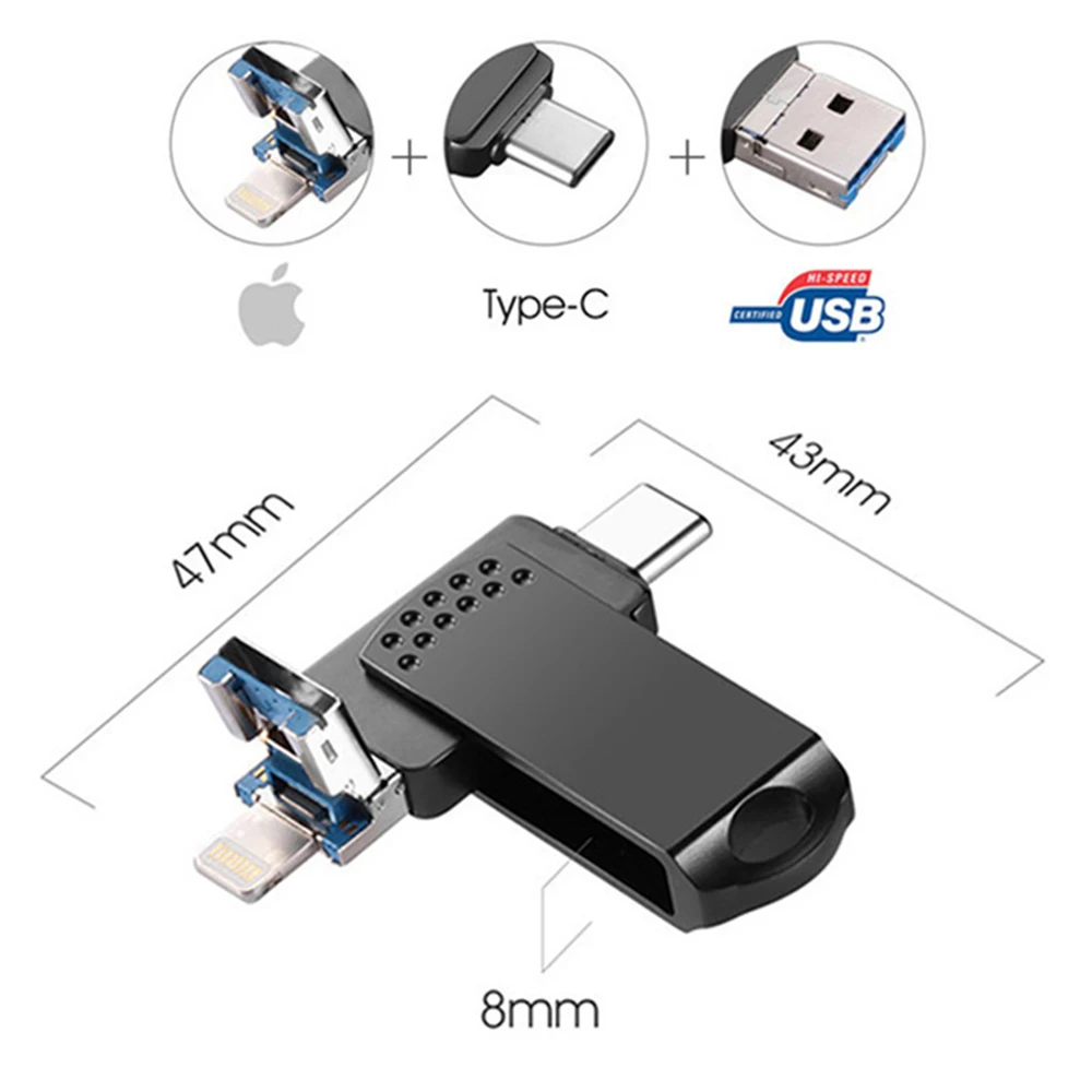 3,0 USB карта памяти флэш-накопитель 32 Гб 64 Гб 128 ГБ 256 Гб Внешняя память 3 в 1 для iPhone iPad iOS MacBook PC и type-C(Silve