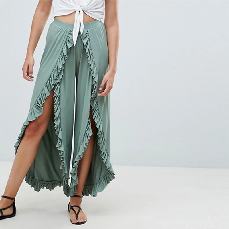 IUURANUS Sexy ruffles casual women pants capri High waist baggy split summer pants female Ladies wide leg trousers bottom 2019 IUURANUS Sexy ruffles casual women pants capri High waist baggy split summer pants female Ladies wide leg trousers bottom 2019