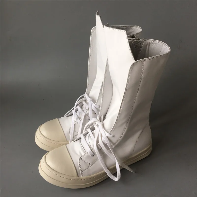 Белые высокие сапоги унисекс из натуральной кожи на шнуровке; модная ручная молния