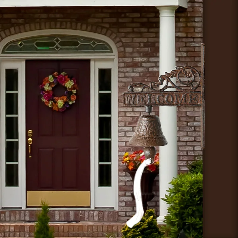 

18.5x14.5cm Nordic Style Vintage Brown Metal Iron Door Bell Wall Mounted Welcome Cast Wireless DoorBell Porch Garden Decoration