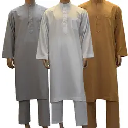 2PCS Islamic Saudi Mens Abaya Muslim Clothing Arabic Robe+Pant Dubai Thobe Kaftan Dress Dishdasha Thoub Jubba Stand Collar Suit