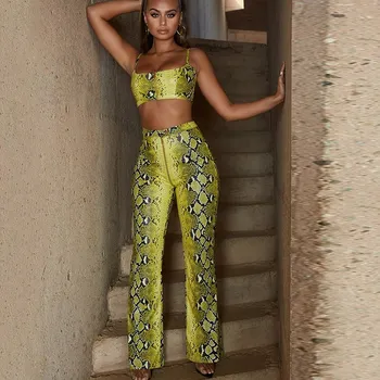 

2019 Snake Print Two Piece Set Crop Top And Wide Leg Pants Summer Women 2 Piece Matching Sets Sexy Club Outfits