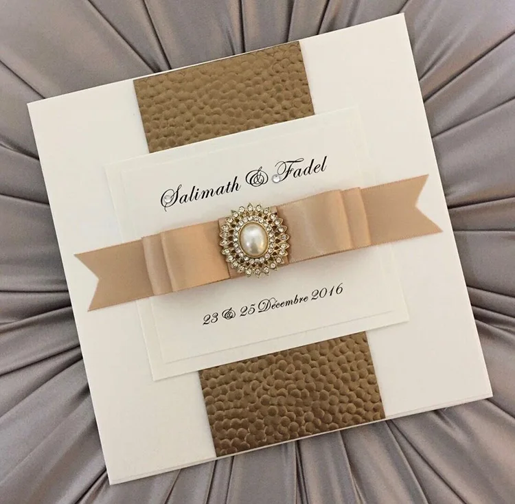  Luxury Gold/Silver/White Embossed Pebble Wedding Invitations with Pearl and Crystal Embellishment - 32763217134