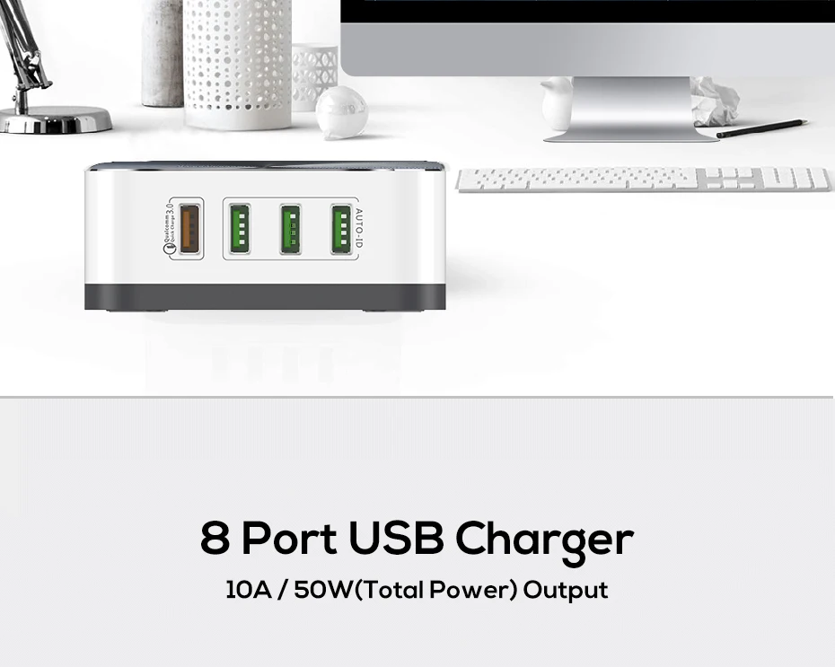 TOPK B829Q 8-Порты и разъёмы 50 Вт Quick Charge 3,0 USB Зарядное устройство для iPhone samsung Xiaomi huawei EU/US/UK AU разъем для рабочего стола, Быстрый Телефон Зарядное устройство