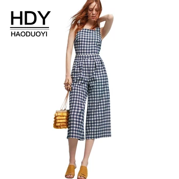 

HDY Haoduoyi White Blue Plaid Backless Sexy Women Jumpsuits Back Cross Sleeveless Playsuits Casual Preppy Style Vintage Rompers