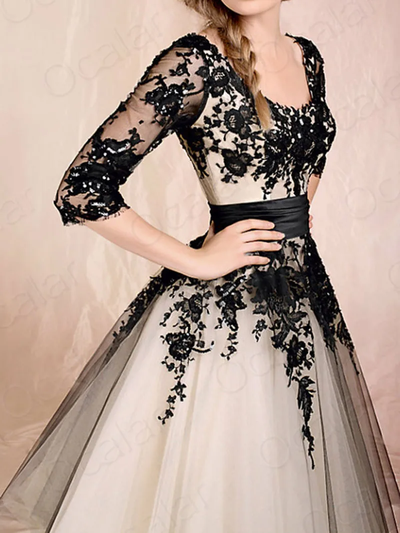 white wedding dress with black trim