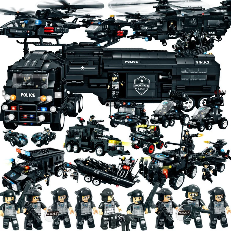 

Compatible legoing SWAT special force city police helicopter truck car boat vehicles policeman figures building blocks toys