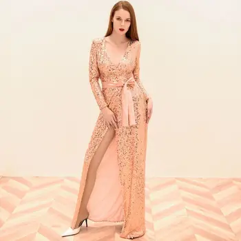 

V -cut High Split Paillette Dress Women Long Sleeve Elastic Long Party Dress Elegant Bow Sharp Sparkly Maxi Dress High Quality