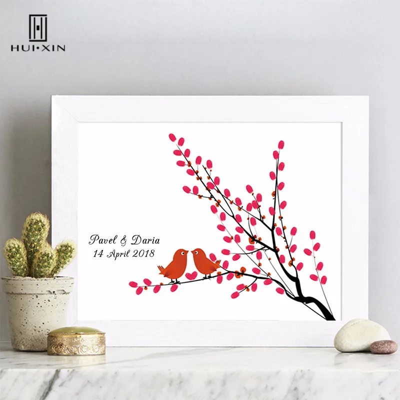 

Red Magpie Standing on Branch With Fresh Flowers Personalized Custome Name Date Guest Book Fingerprint DIY For Wedding Decor