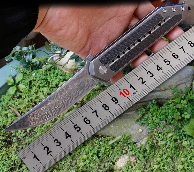 

Freewolf Ball Bearing Flipper Folding Knife VG10 Damascus Steel Drop Point Blade Carbon Fiber + TC4 Titanium Alloy Handle H0169
