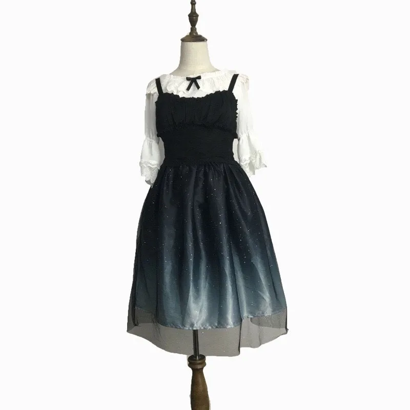 

Women Casual Midi Sling Black Gradient Dress Lolita JSK Star Fancy Lace Ruffle Strap Pleated Dress With Shirt Set For Ladies