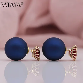 

PATAYA 585 Rose Gold Red Square Round Resin Artificial Zircon Spherical Ball Stud Earrings Women Wedding Party Jewelry 3 Colors