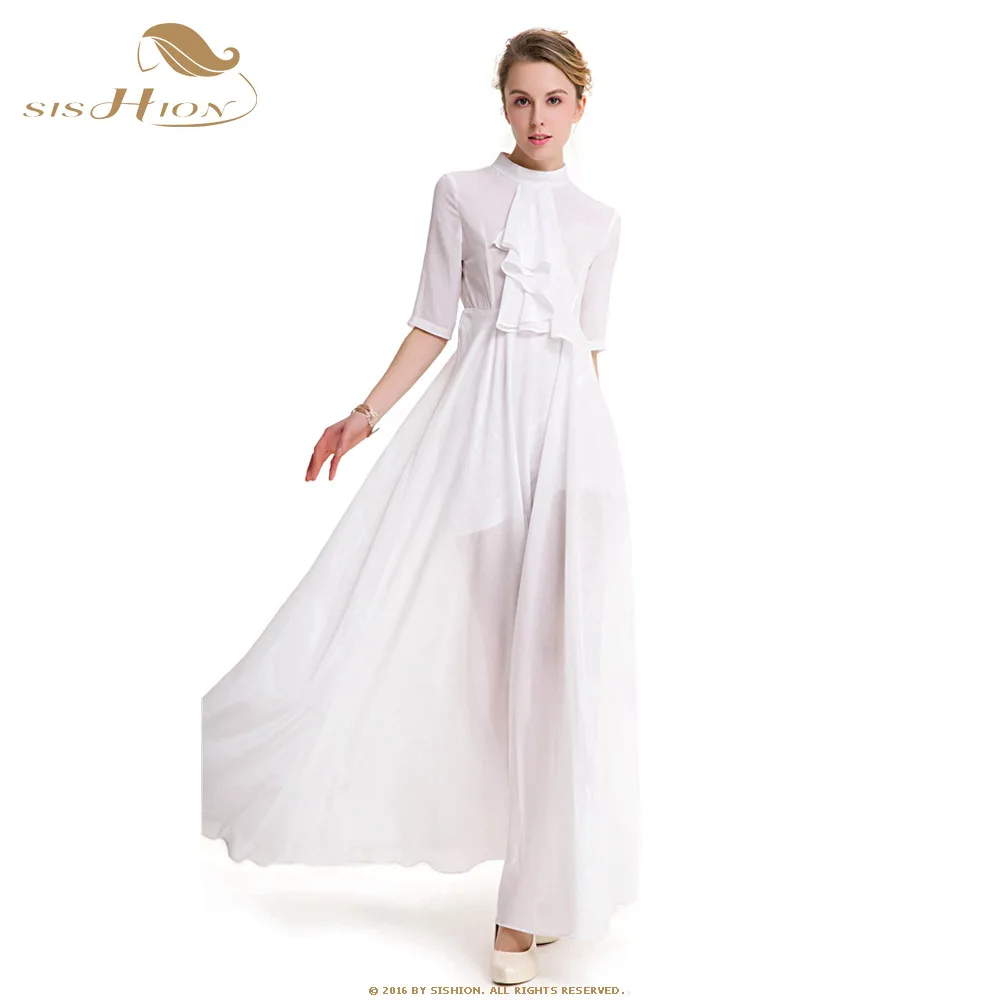 

SISHION Women Summer Long Beach Dress 618 Elegant Casual Half Sleeve Sky Blue White Chiffon Dress robe ete femme