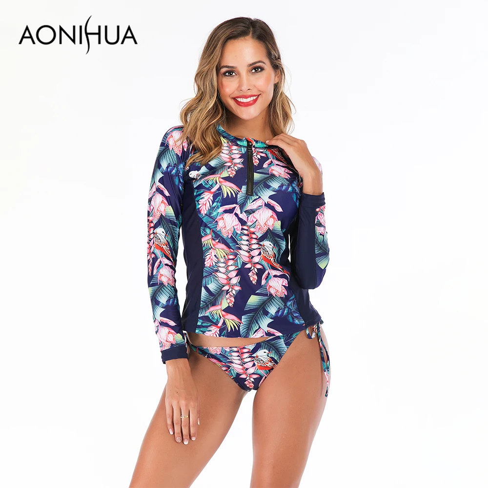 

Aonihua Long Sleeve Two Piece Swimsuit Push Up Female Separate Flower Print Bandage Triangle Swim Suit