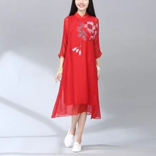 2016 New Summer Stand Collar Plate Buttons Loose Cheongsam Chinese Style Retro Print Silk Dress Plus Size Women Clothing