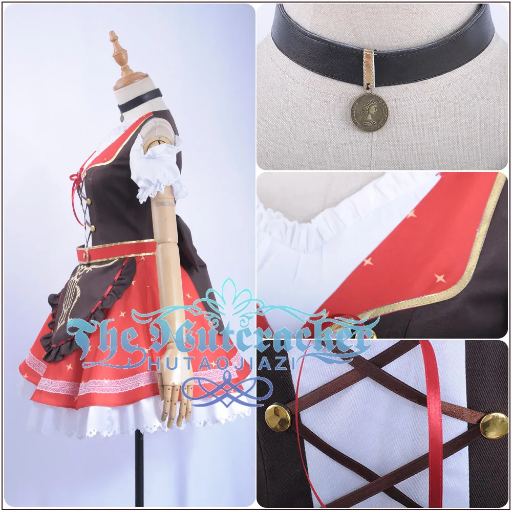 x_07Game LoveLive!Sunshine!! Aqours Bremen Band Kurosawa Dia Cosplay Costume Women Short Sleeve Dress Apron Red Skirt Socks Hairpin (4)
