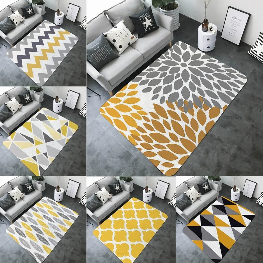 Home Art Yellow Gray Geometric Printed Bath Mat Practical Decorative None-slip Big Rectangle Flannel Living Room Mat Bathroom