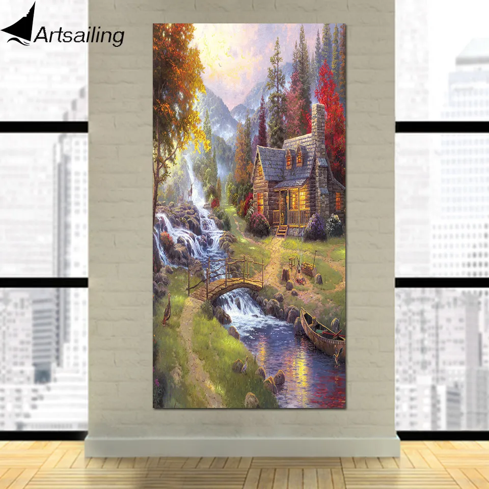 

Thomas Kinkade Stream waterfall hut pastoral painting 1 Panel Canvas Wall Art Pictures for Living Room Home Decoration Posters