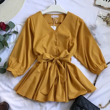 

Autumn Korean Style Bow Sashes Shirts Women Solid V-Neck Lantern Sleeve Button Elegant Shirt Female 2020 Spring Sweet Lady Tops